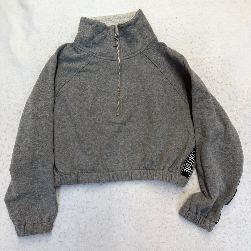 Juicy Couture Quarter Zip Pullover Womens Medium Gray Cropped Logo Trim